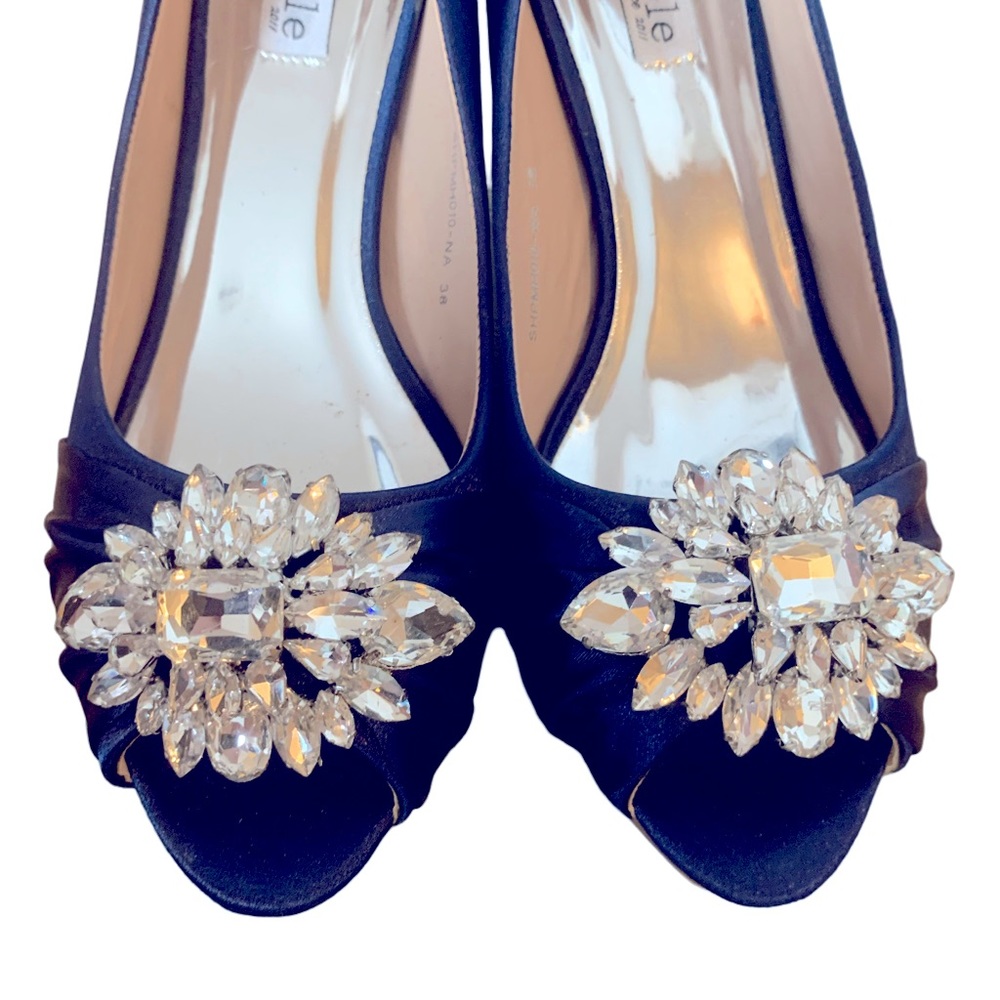 Navy Blue Satin Peep Toe Heels w/Crystals